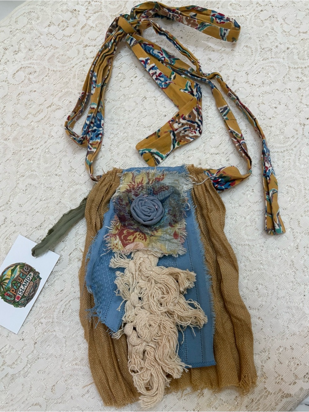 Hand Crafted Blue and Gold Boho Textile Jabot Necklace with Cream Tassel